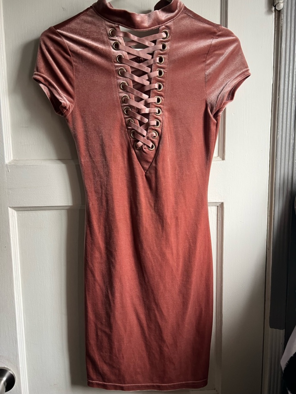 Lace-Up Velvet Bodycon Dress - Dusty Rose